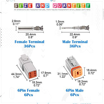 Glarks 78Pcs 6 Pin Way Sealed Gray Male and Female Auto Waterproof Electrical Wire Connector Plug 22-16AWG Connector for Motorcycle, Scooter, Car, Truck, Boats - size: 6 Pin