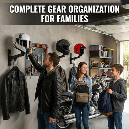Motorcycle Helmet Wall Mount with Coat Hook & DIY Name Area,Heavy Duty Firefighter Helmet Hanger Wall Mount for Garage Storage,Motorbike,Garage,Fire Station&Firefighter Gear,Universal Helmet Holder