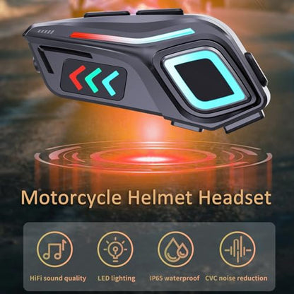 Bewinner Motorcycle Bluetooth Communication Headset, Wireless Motorcycle Earphone with Color Ambient Lights, Noise Cancellation Microphone, IP65