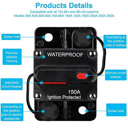 Generic 150 Amp Waterproof Circuit Breaker,with Manual Reset,12V-48V DC,30A-300A,for Car Marine Trolling Motors Boat ATV Manual Power Protect Audio System Current Overload Protection - color: WE150A
