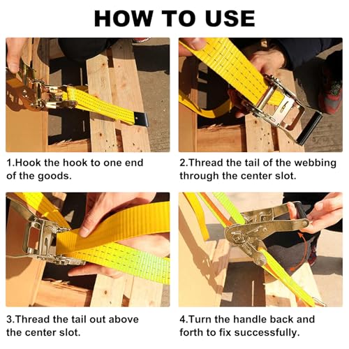 4Pack 2in 30ft Ratchet Strap Flat Hook Yellow Heavy Duty Flatbed Straps for Trailer Tie Down Straps Box Truck Accessories Cargo Loading 10000lbs Breaking Load - color: Yellow