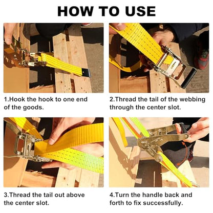 4Pack 2in 30ft Ratchet Strap Flat Hook Yellow Heavy Duty Flatbed Straps for Trailer Tie Down Straps Box Truck Accessories Cargo Loading 10000lbs Breaking Load - color: Yellow