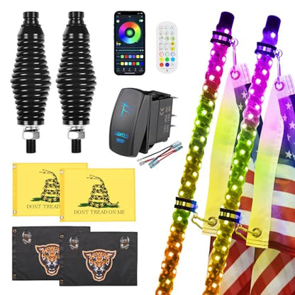 Ehaho 2 Pack 5FT Whip Lights with Spring Base,LED Whip Light with App & Remote Control, Spiral RGB Chasing Lighted Whips with Rocker Switch, Music Whip Light for UTV ATV Polaris RZR Can-Am SXS Truck - size: 5FT / (Pack of 2)