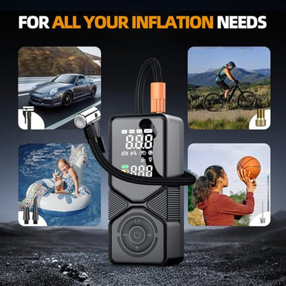 Tire Inflator Portable Air Compressor – 150PSI Cordless Car Pump with 6000mAh Battery & 12V DC Backup, Auto Shut-Off Digital Gauge for Car, SUV, Motorcycle, Bike, Ball