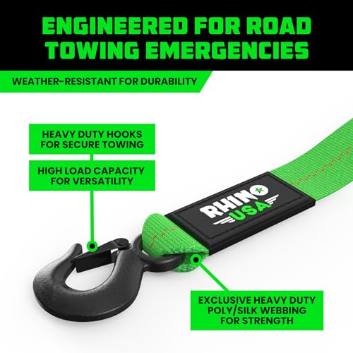 Rhino USA Tow Strap with Hooks (2 Inch x 20 Foot) Lab Inspected 10,321lbs Break Strength - Heavy Duty Emergency Towing Straps with Forged Steel Hooks for Roadside Recovery - Not for OffRoad Recoveries