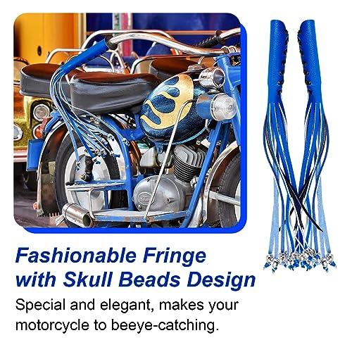 Motorcycle Lever Cover PU Leather Fringed Brake Clutch Covers Universal Grip Tassels Motorcycle Handlebar Covers with Skull Beads - color: Blue
