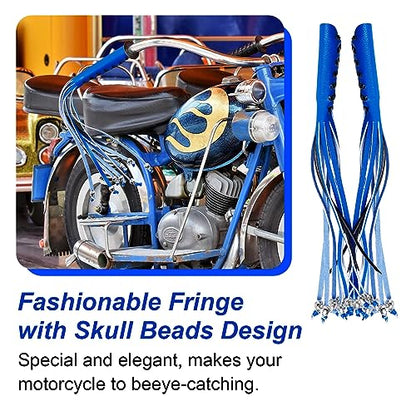 Motorcycle Lever Cover PU Leather Fringed Brake Clutch Covers Universal Grip Tassels Motorcycle Handlebar Covers with Skull Beads - color: Blue