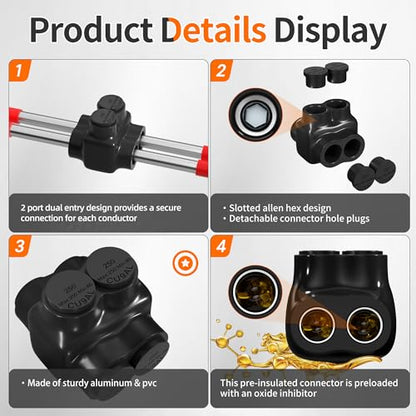 2 Port Insulated Multi Tap Connector 250MCM-6 Gauge Wire Connectors Aluminum to Copper Wire Connectors Dual Entry Black Electrical Cable Connectors with Slotted Allen Hex - 6 Pack - size: 250MCM-6 AWG