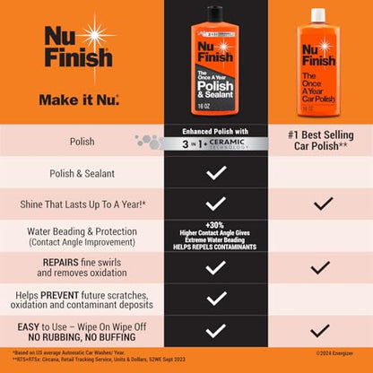 Nu Finish Once a Year Polish and Sealant - Professional Car Polish, 3-in-1 Ceramic Technology to Repair Scratches & Protect Paint, Gift for car Lovers - style: Polish and Sealant