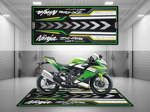 MPM Motorcycle Mat for ZX-4RR Washable Non - Slip Oil & Water Resistant Parking Pitmat for Garage, Showroom, Work | Lime Green - Ebony - Pearl Blizzard White - Size 2: 102 x 47/260 x 120 cm - color: Lime Green - Ebony - Pearl Blizzard White, size: Size 2: