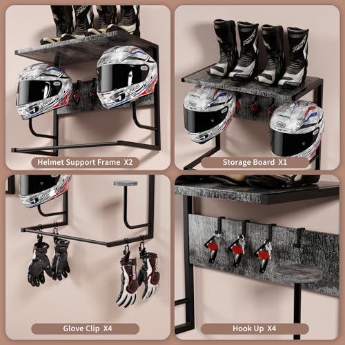 Motorcycle Helmet Holder Wall Mounted, Helmet Holder Wall Mount with Helmet Rack, Motorcycle Helmet Rack for Most of Helmet and Clothes - color: Grey