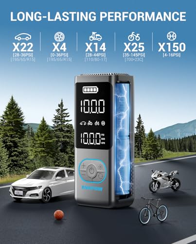 AVAPOW Portable Tire Inflator, 150 PSI Cordless Air Compressor with Digital Gauge, 3.7″ LCD, Auto Shut-Off, Fast Inflation, USB-C Rechargeable PD 20W for Cars, Bikes, Motorcycle & Emergencies