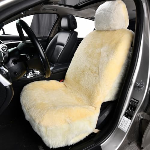 1PC Front Bucket Genuine Sheepskin Car Seat Cover Lambskin Winter Car seat Cushion Lambs Wool Sheep Skin Fuzzy Seat Cover Shearling Car Accessories for SUVs, Saloons and Trucks (Beige) - color: Beige