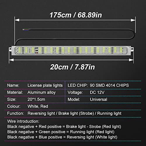 Double Colors LED License Plate Light 90 SMD Chips 2-in-1 Fuction Brake Light Reversing Light for Car SUV Truck,Motorcycle,Waterproof,DC12V.1-Pack.(White + Red - Flash)