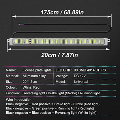 Double Colors LED License Plate Light 90 SMD Chips 2-in-1 Fuction Brake Light Reversing Light for Car SUV Truck,Motorcycle,Waterproof,DC12V.1-Pack.(White + Red - Flash)