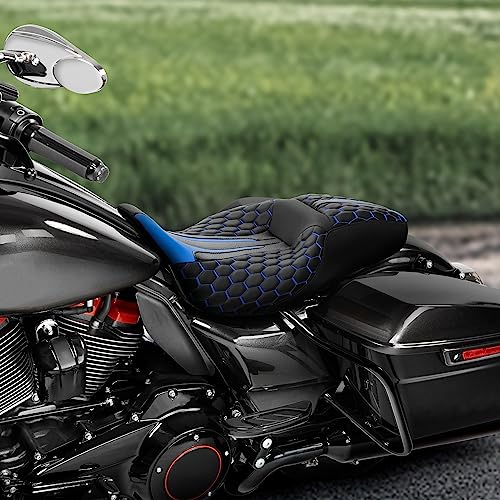 C.C. RIDER Gel 2 Up Rider Driver&Passenger Seat Fit for Harley Touring Road King Street Glide Electra Glide Tri 2009-2023 - color: Black Blue Gel Seat
