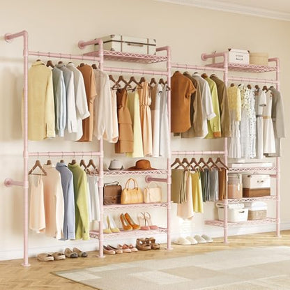 ONBRILL H4 Wall Mounted Closet System, Expandable Industrial Pipe Clothes Rack Clothing Rack for Hanging Clothes, Heavy Duty Closet Organizers and Storage in Wardrobe Closet - color: Pink