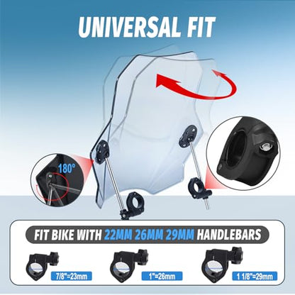 Motorcycle Universal Windshield 16.7” Windscreen Compatible with Yamaha Harley Honda Kawasaki Suzuki BMW Vulcan Cruiser Wind Deflector with 7/8" 1" 1 1/8" Handlebars, Smoke - color: Smoke