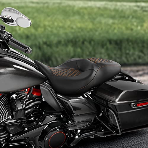 C.C. RIDER Leather Rear Passenger Seat - For Harley Touring Road King Street Glide Electra Glide Road Glide 2009-2023 Black Orange - color: Seat-01 Orange Stitching
