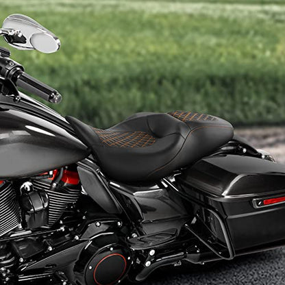 C.C. RIDER Leather Rear Passenger Seat - For Harley Touring Road King Street Glide Electra Glide Road Glide 2009-2023 Black Orange - color: Seat-01 Orange Stitching