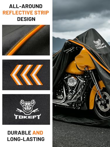 Full Enclosed Motorcycle Cover, 600D Heavy Duty Motorcycle Cover Waterproof with Reflective Strips & Vents, Fits 108" Cruiser, Dirtbike & Touring Motorcycles (Black) - size: 108"-XXXL