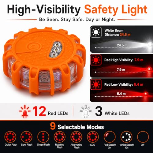 Huyumpxy LED Road Flares Emergency Lights, 9 Flashing Modes Roadside Safety Warning Light with Magnetic Base & Built-in Hook, Battery Powered Safety Beacon for Car, Truck, Motorcycle, Camping, 1 Pack