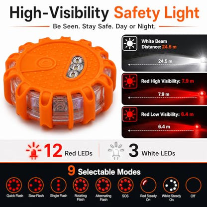 Huyumpxy LED Road Flares Emergency Lights, 9 Flashing Modes Roadside Safety Warning Light with Magnetic Base & Built-in Hook, Battery Powered Safety Beacon for Car, Truck, Motorcycle, Camping, 1 Pack