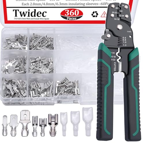 Twidec/360Pcs 2.8/4.8/6.3mm Quick Splice Male and Female Wire Spade Connector Crimp Terminal Block Assortment Kit with Insulating Sleeve for Electrical Wiring Car with Wire Crimper Tool - color: Silver 360PCS+3-in-1 Crimper Tool