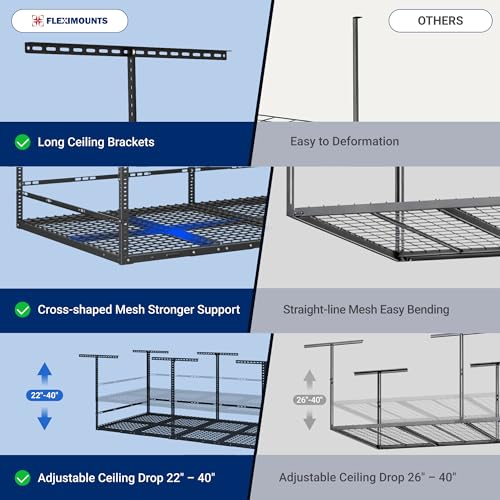 FLEXIMOUNTS 4x8ft Overhead Garage Storage Rack with Safety Rails, Black | 750 lbs Capacity, Adjustable 22-40" Height, 3-Sided Guard Rails, Heavy Duty Metal, Ceiling Storage System - color: Black