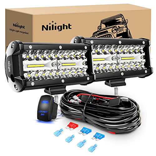 Nilight 6.5Inch 2PCS 120W Spot & Flood Combo Bar Driving Waterproof Led Work Light Triple Rows with 5 Pin Rocker Switch Power 16AWG Wiring Harness Kit-2 Leads for Off-Road Truck , 2 Years Warranty - color: 2Pcs Led Pods+ Wiring, size: Led Pods