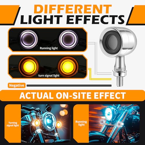 DREAMIZER Motorcycle Led Turn Signal Lights 2pcs,Bullet Blinker Motorcycle Front Rear Lights W/Running Light Universal Compatible with Harley Honda Suzuki Triumph Yamaha Bobber Cafe Racer Chopper - color: A-Front/Chrome shell + yellow-white light