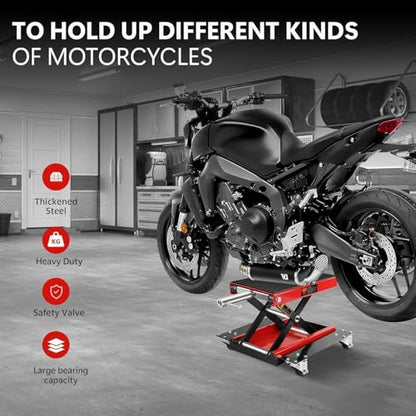 1100LBS Motorcycle Lift-Hydraulic Motorcycle Stand Table Jack, Narrow and Wide Deck Motorcycles Scissor Jack with Ratchet & Crank for ATV, Dirt Bikes