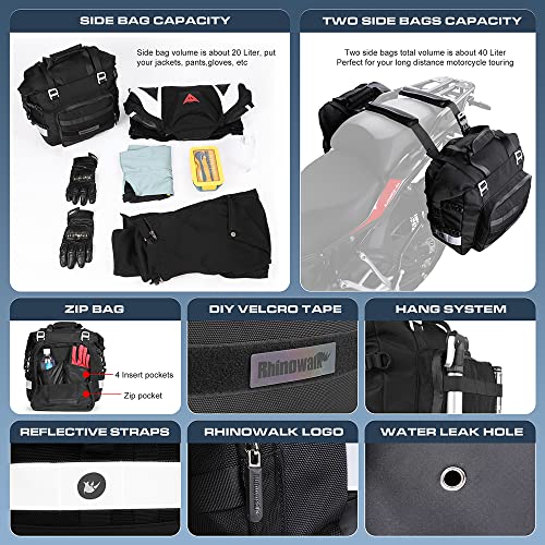 Rhinowalk Motorcycle Saddle Bag Waterproof Motor Pannier Bag Luggage Pack Quick Release Motorbike Side Bag 20L (Black) - color: Black