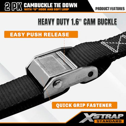 XSTRAP STANDARD Motorcycle Tie Down Straps (2 Pack) 3,000lb Break Strength, 1.5 in X 8FT Heavy-Duty Cambuckle Tie Down Set with S Hook and Soft Loops, Black - color: Black