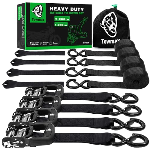 Heavy Duty Ratchet Straps (4 Pack) - Motorcycle Straps Tie Downs 5,208lb Break Strength - 1.5 in x 15ft Ratchet Tie Down Straps,15" Soft Loop Tie Down Straps for Truck, Cargos - style: Black,1.5"x15',5208lb
