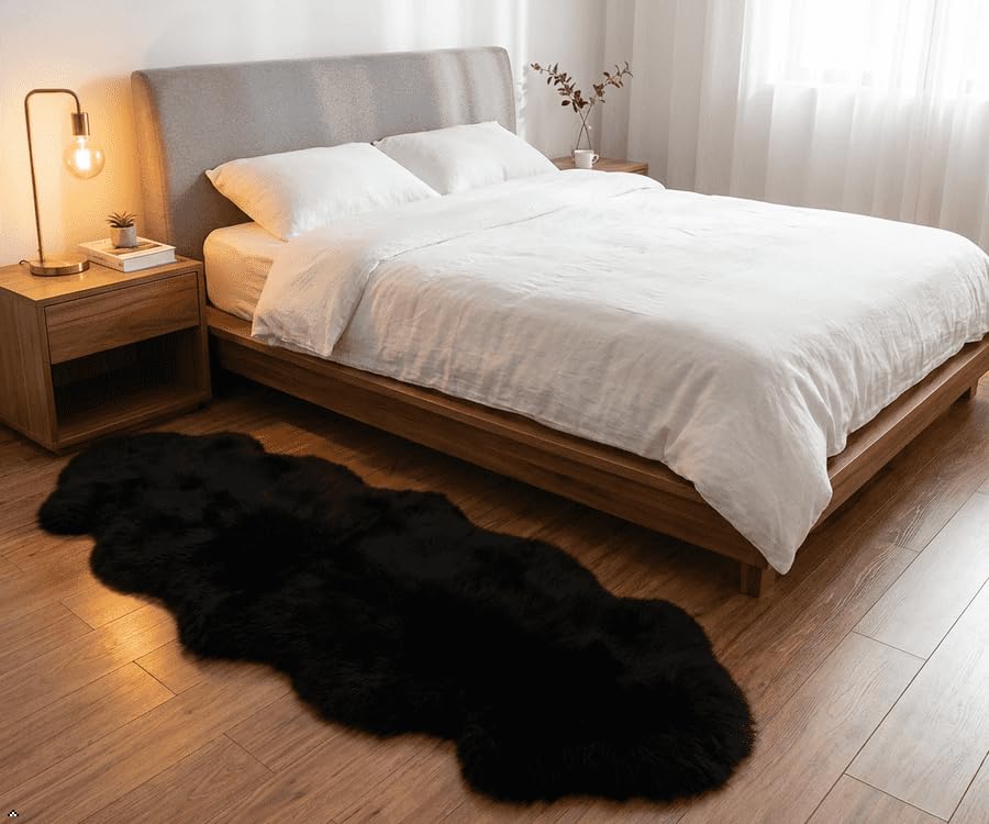 AOGELAN Area Rugs, Genuine New Zealand Sheepskin Rug, Soft Fur Throw Rug (Black, Double Pelt/2FT*6FT) - color: Black, size: 2' x 6' (Double Pelt)