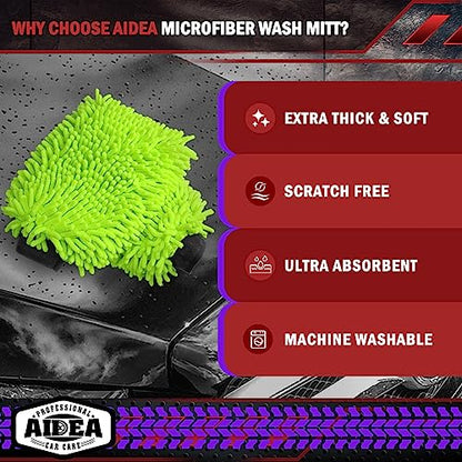 AIDEA Car Wash Mitt Microfiber, 4PK Scratch Free Lint-Free, Premium Chenille Microfiber Mitt Car Wash Brush, Green, Regular Size 7.12''X10.14'' - color: Green, size: 4PK-7.12''X10.14''