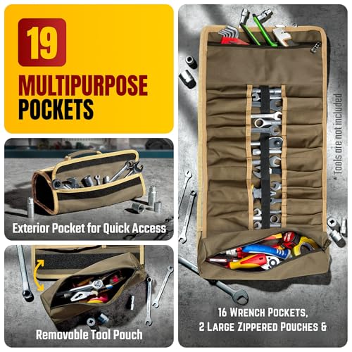 The Ryker Bag Wrench Roll Up Heavy-Duty Canvas Tool Organizer, Tool Roll Organizer Gifts for Dad Roll-Up Tool Bag w/Multiple Pockets for Wrenches, Sockets & Hand Tools for Mechanics & Electricians - style: Wrench Roll