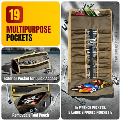 The Ryker Bag Wrench Roll Up Heavy-Duty Canvas Tool Organizer, Tool Roll Organizer Gifts for Dad Roll-Up Tool Bag w/Multiple Pockets for Wrenches, Sockets & Hand Tools for Mechanics & Electricians - style: Wrench Roll