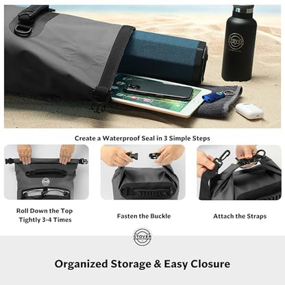 STOVER 5/10/25/30/40/55L Waterproof Dry Bag- Roll-Top Backpack w/Phone Case- Kayaking, Hiking, Camping, Boating- Men/Women - color: 30l Black (With Phone Case), size: 30L