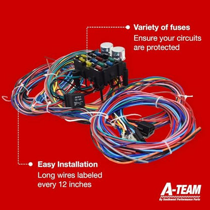 A-Team Performance 12-Circuit Universal Automotive Wiring Harness Kit - 12 Circuits Pre-Wired Fuse Block & Labeled Long Wires - Horn Relay, Headlight Relay & Turn Signal Wiring Kit
