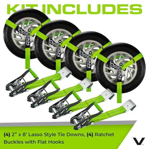 VULCAN Car Tie Down with Flat Hooks - Lasso Style - 2 Inch x 96 Inch - 4 Pack - High-Viz - 3,300 Pound Safe Working Load - size: Flat Hooks - High Viz Green (4 Pack)