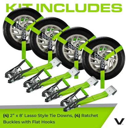 VULCAN Car Tie Down with Flat Hooks - Lasso Style - 2 Inch x 96 Inch - 4 Pack - High-Viz - 3,300 Pound Safe Working Load - size: Flat Hooks - High Viz Green (4 Pack)