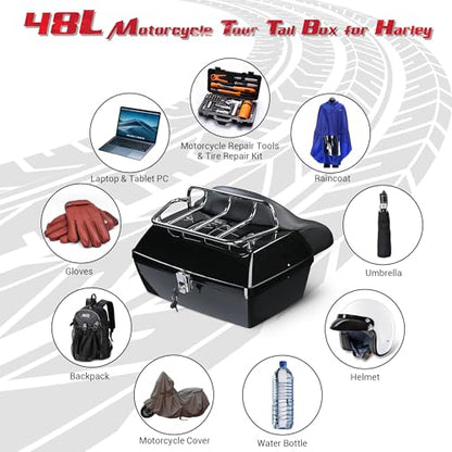 Yescom 48L Universal Motorcycle Tail Box Top Case Luggage with Top Rack & Backrest for Harley Road King - size: 48L for Harley