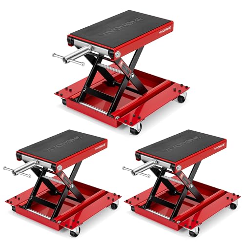 VIVOHOME 1100 Lbs Motorcycle Lift Jack, Steel Wide Deck ATV Scissor Lift with Dolly Wheels & Hand Crank, Bike Garage Repair Hoist Stand for Maintenance, Red 3 Pack