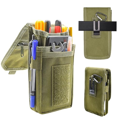 Belt Tool Pouch, Tactical Utility Organizer with Cell Phone Holder, Durable Heavy-Duty 1000D Nylon EDC Multitool Holster with Multi-Pockets for Electricians, Handymen, Work, Hiking, Daily Use - color: Army green