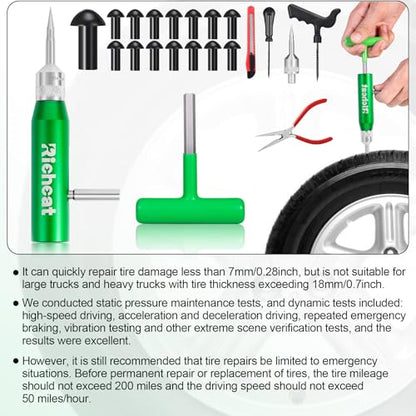 Richcat Tubeless Tire Puncture Repair Kit with Mushroom Plug, Repairs punctures and Flat Tires for Motorcycles, Cars, Trucks, ATVs and Tractors - size: 30Plugs Kit