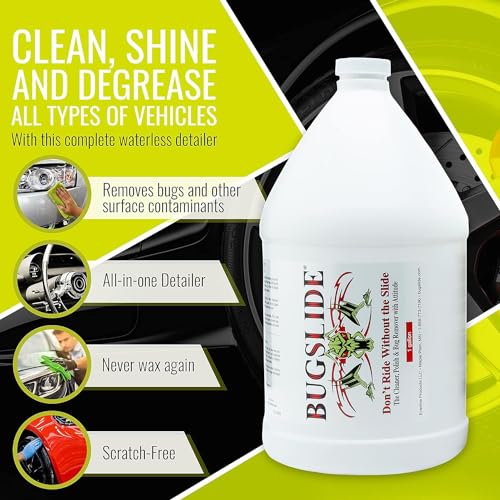 BugSlide 5 Gallon Cleaner Refill with Spray Bottles & Towels - All Surfaces Cleaning and Detailing Solution for Vehicle Interior and Exterior Use - Shines, Degreases, Polishes - style: 5 Gal Refill