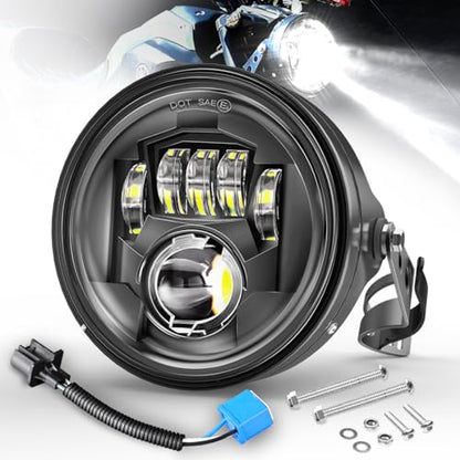 7" Inch LED Motorcycle Headlight with Housing Bucket Mounting Brackets Hi/Low Beam Headlamp for H-arley Yamaha Honda Cafe Racer Bobber Chopper Scrambler Streetbike w/34~42mm Fork Tube, White - size: 7in LED Motorcycle Headlight