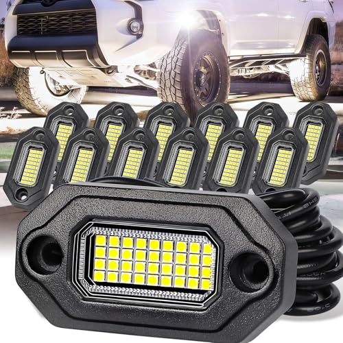 12 Pods White Rock Lights，Aluminum Housing, Waterproof IP68,6500K Pure White Super Bright Underglow, Rock Lights for Trucks, UTV, ATV, SUV, Boats,Each Rock Light Comes with a 15-Foot Extension Cord - size: 12 Pods